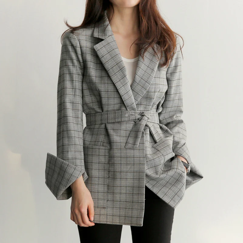 

Work Gray Plaid Blazer Jacket Fashion Bow Sashes Split Sleeve Femme Elegant Office Ladies Blazers For Women With Belt Feminino