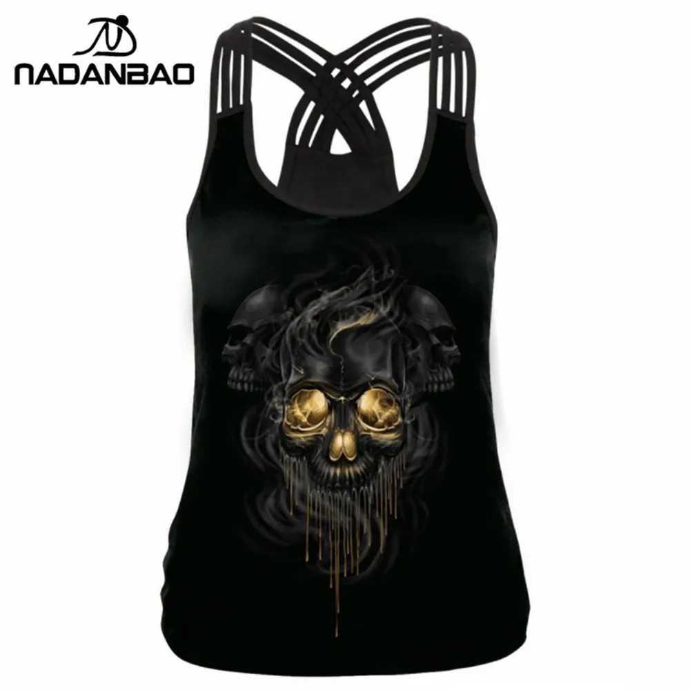 

NADANBAO Summer Skull Women Tank Top Skeleton Gold Cropped 3D Print Bandage Sleeveless Tops woman