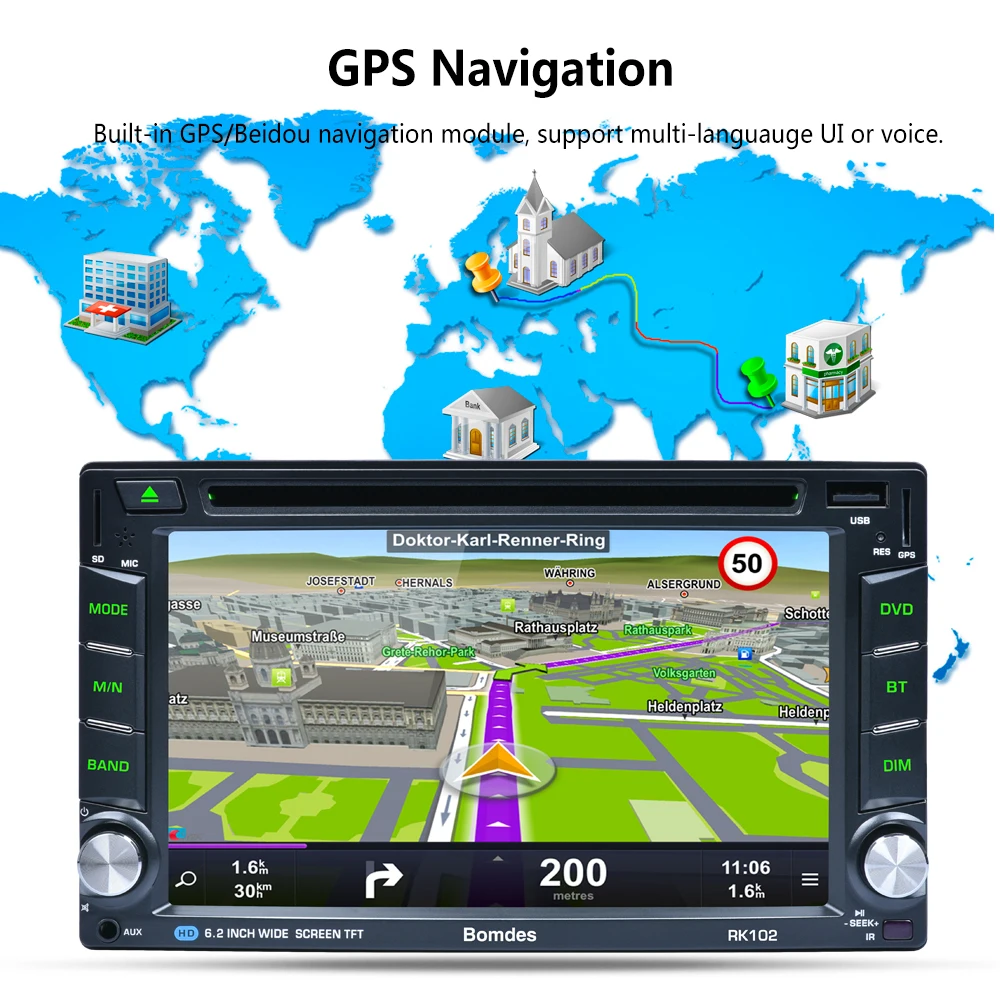 Excellent AR6002B Din 6.2" In Dash Car DVD Player Radio Auto GPS/FM/USB/SD/Bluetooth/ HD digital touch screen full popular function CAM 6