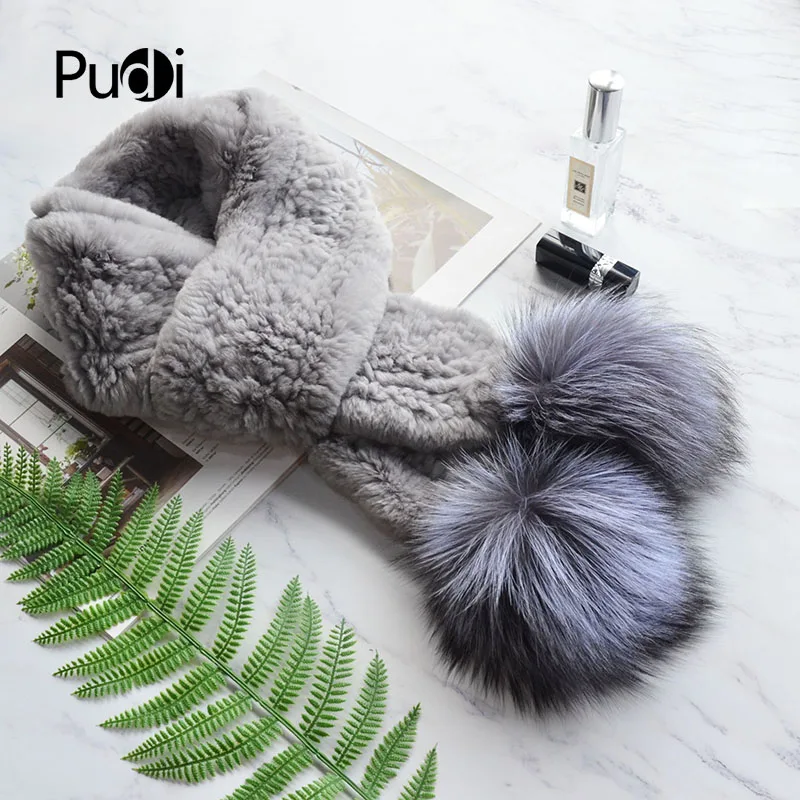 

Pudi women real fox rabbit fur winter warm scarf ring 2018 brand new genuine silver fox fur ball scarves rings SF844