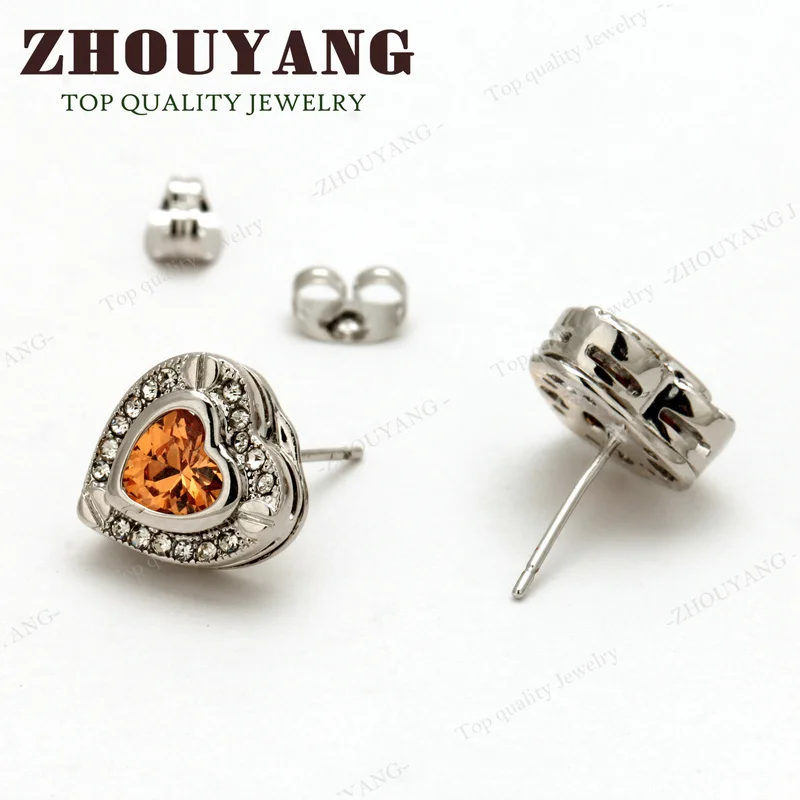 ZHOUYANG Top Quality Three Colour CZ Heart Silver Color Stud Earrings Jewelry Austrian Crystal Wholesale ZYE309