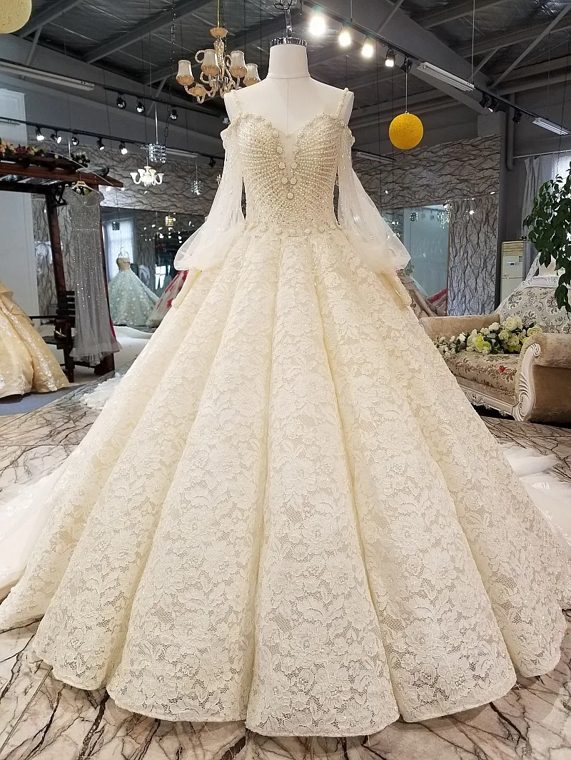2018 Роскошные арабские шампанское винтажные Свадебные платья с длинными рукавами кружева возлюбленной собора Поезд волны бальное платье