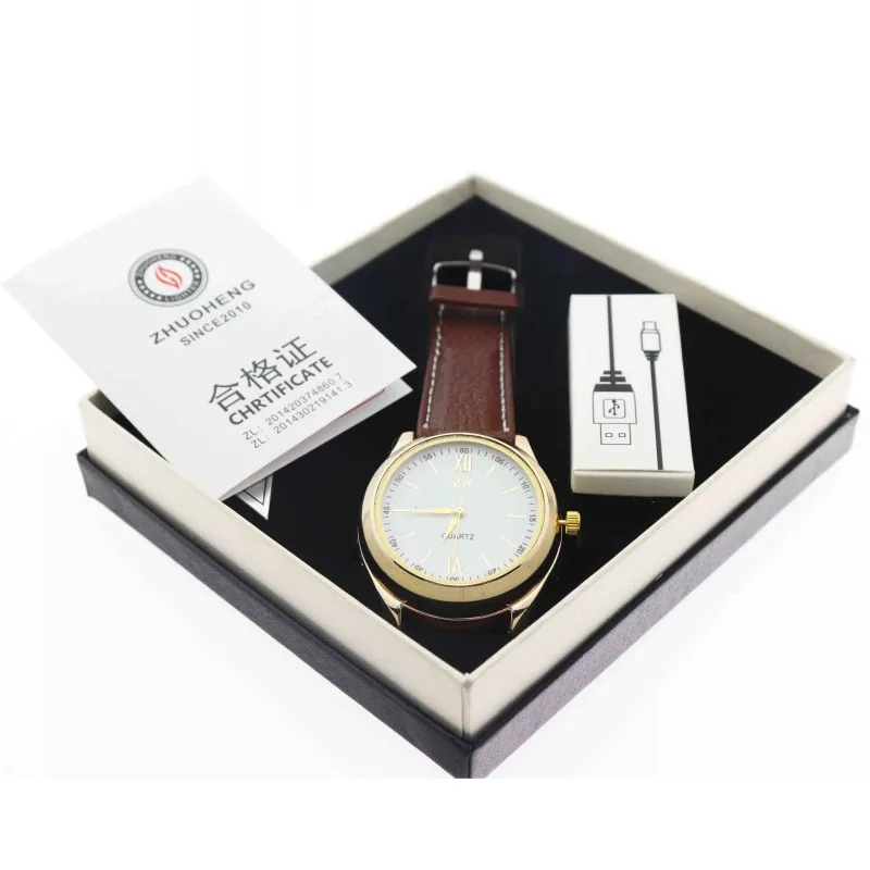 Прикуриватель часы мужские USB перезаряжаемые часы модные ветрозащитные Спортивные Повседневные кварцевые часы беспламенная Зажигалка JH318 1 шт - Цвет: gold brown with box