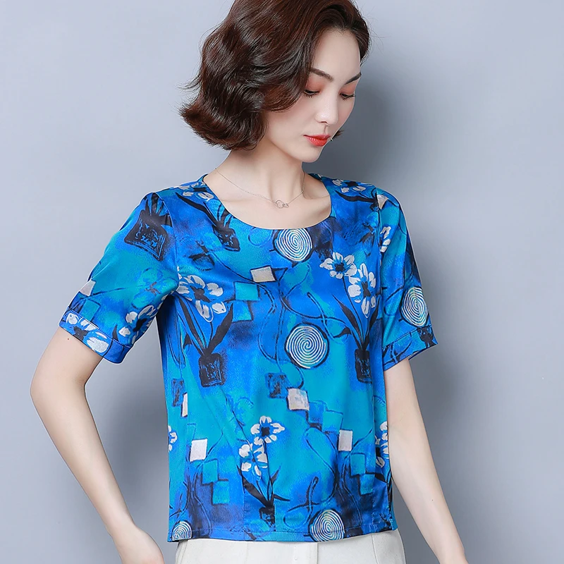 Korean Fashion Silk Women Blouses Satin Womens Tops and Blouses Print Short Sleeve Women Shirts Plus Size XXXL Ladies Tops
