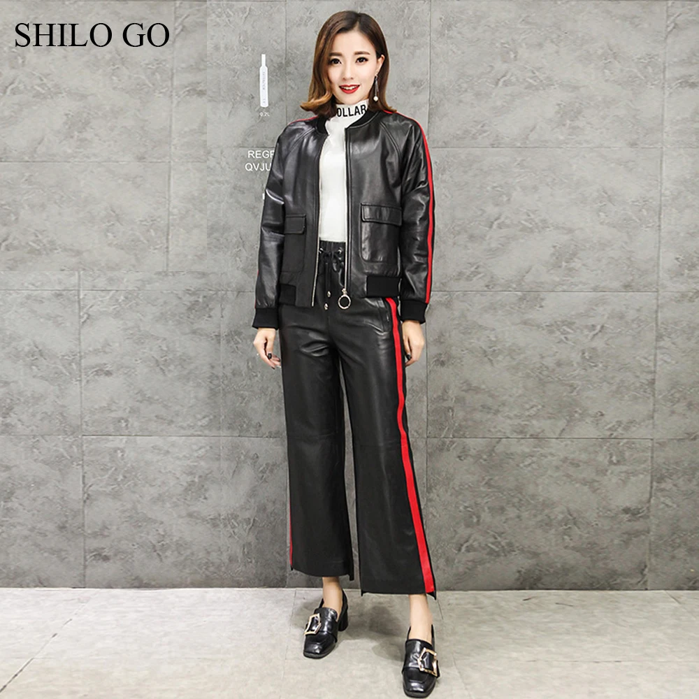 SHILO GAAN Lederen Pak Womens Herfst Mode schapenvacht lederen Sets Stand kraag beknopte leren Jas strepen broek SHILO GAAN Lederen Pak Womens Herfst Mode schapenvacht lederen Sets Stand kraag beknopte leren Jas strepen broek