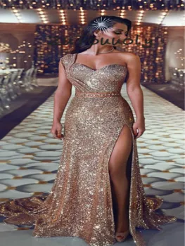 

Glitter Sequins Mermaid Evening Dress Bling Plus Size Formal Prom Dress With Beaded Arabic High Slits Women Evening Wear 2019