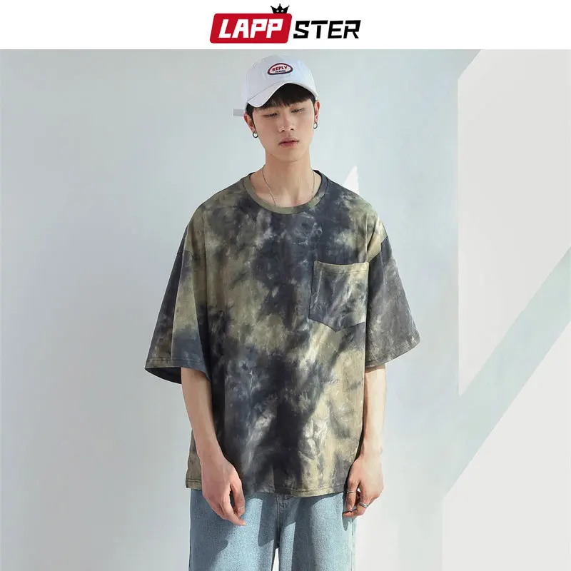 

LAPPSTER Men Tie Dye Streetwear Funny T Shirt 2019 Mens Hip Hop Pocket Loose Tshirt Summer Male Harajuku Fashions Blue T-shirts