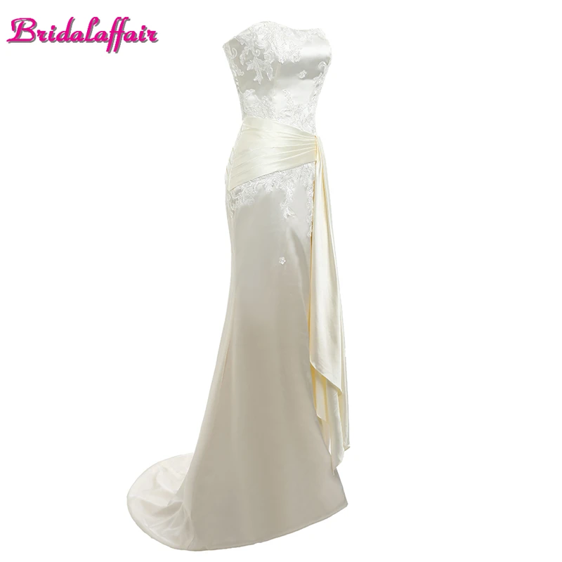 

Real Photo Long Sashes Strapless Mermaid Evening Dress 2017 Custom made White Satin Appliques Lace Party Prom Gown Robe de festa