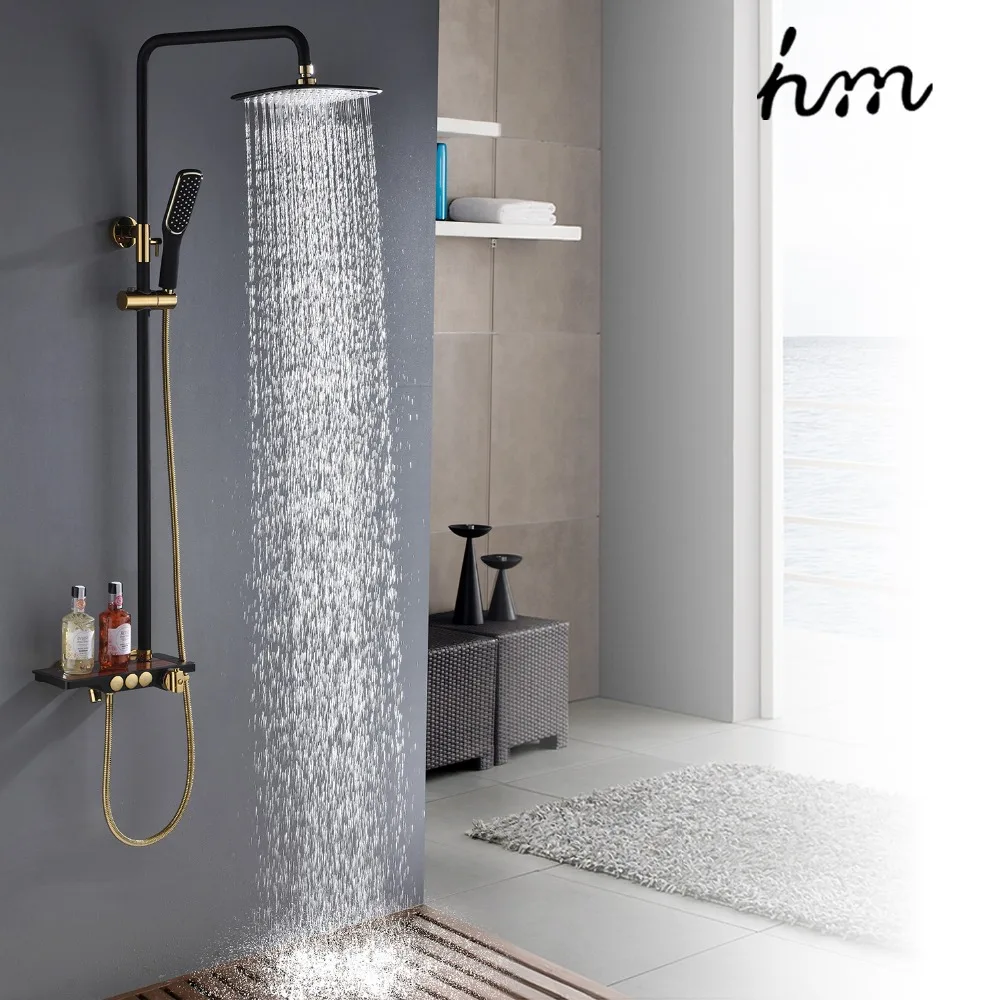 

hm Black Rainfall Thermostatic Shower Faucet Set Single Lever Brass Mixer Valve Rack Bath Shower Mixers Rack shower set