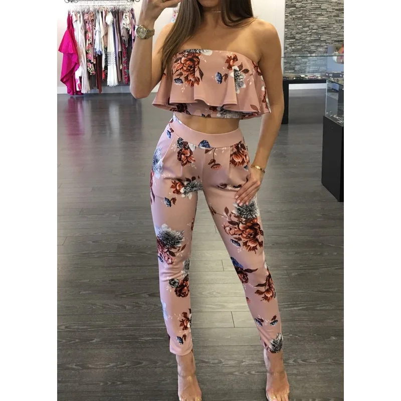 

Off Shoulder Sexy Floral Print Jumpsuits Two Piece Backless Club Rompers Womens Jumpsuit Strapless Full Bodysuit Summer Overalls