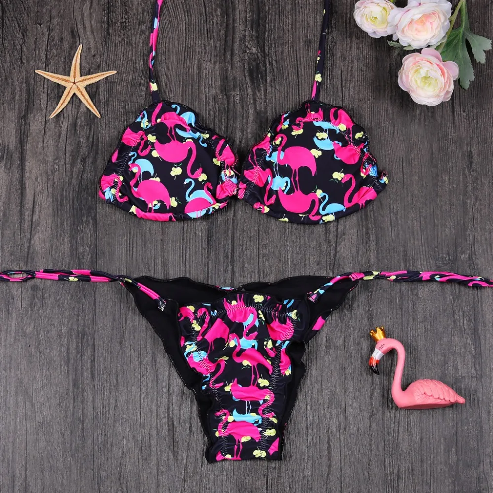 Women Flamingos Printed Tankini Bandage Bikinis Set Low Waist Swimwear Fold Bathing Suit Padded Biquinis maillot de bain femme L