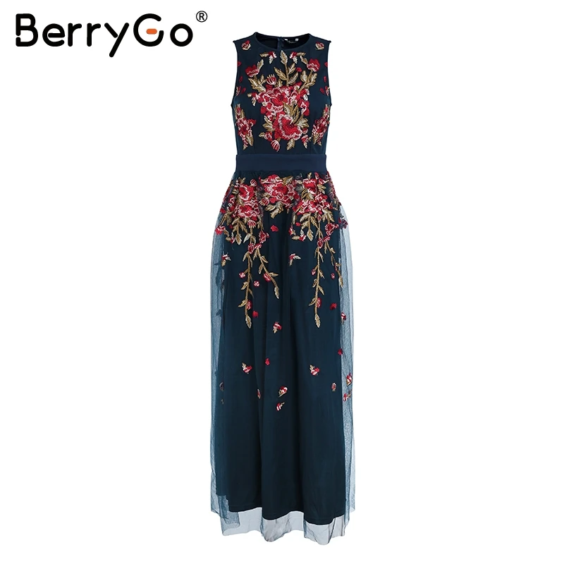 BerryGo, элегантное Сетчатое длинное платье, женское, стрейч, без рукавов, жилет, макси платье, летнее, с вышивкой, сексуальное платье, женское платье - Цвет: Navy blue