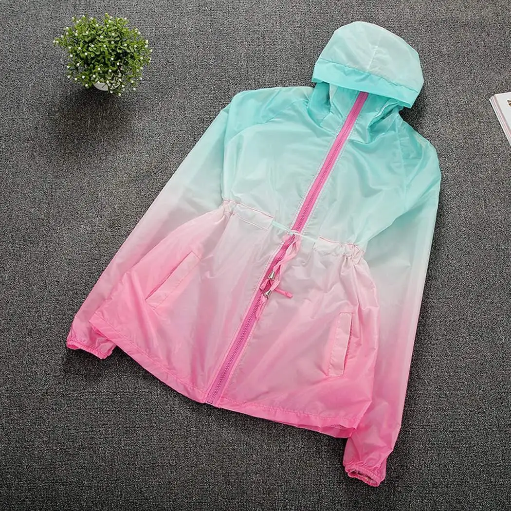 Women Casual Long Sleeve High Collar Hooded Loose Gradient Color Ultra-light Sun Protection Coat Regular | Женская одежда