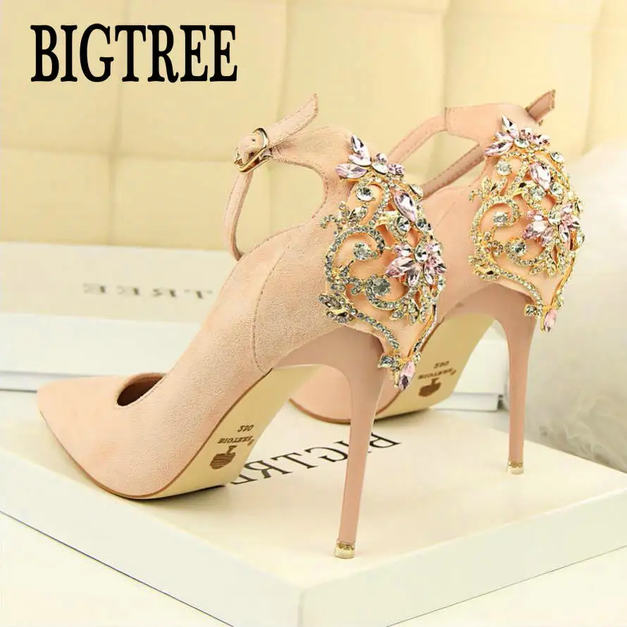 

BIGTREE Elegant Crystal Pointed Toe Wedding Shoe 2018 New Women Solid Flock Fashion Buckle Shallow High Heels Shoes Woman 1717-5