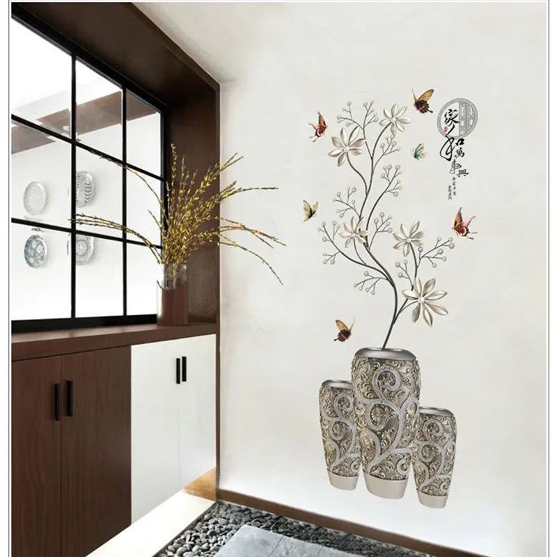 

Modern Chinese Style Wall Sticker Silver White Flower Vase Butterfly Decor Applique bedroom Dining Room Entrance Decoration Diy