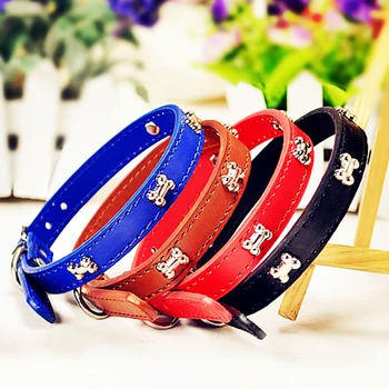 

Pu Leather Dog Collar For Puppy Dog With Bling Bone 33-40cm Stud New Design Pet Cat Necklace for Teddy Size S M L 5 Colors