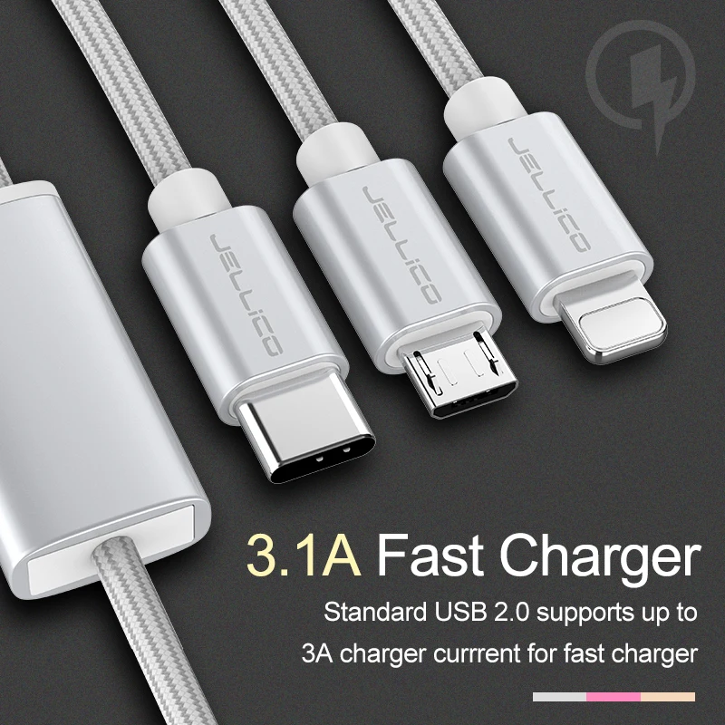 Jellico 3 في 1 كابل يو اس بي ل فون شحن سريع كابل للأندرويد المصغّر usb نوع C نوع-c 3in1 كابلات الهاتف المحمول كابل شاحن