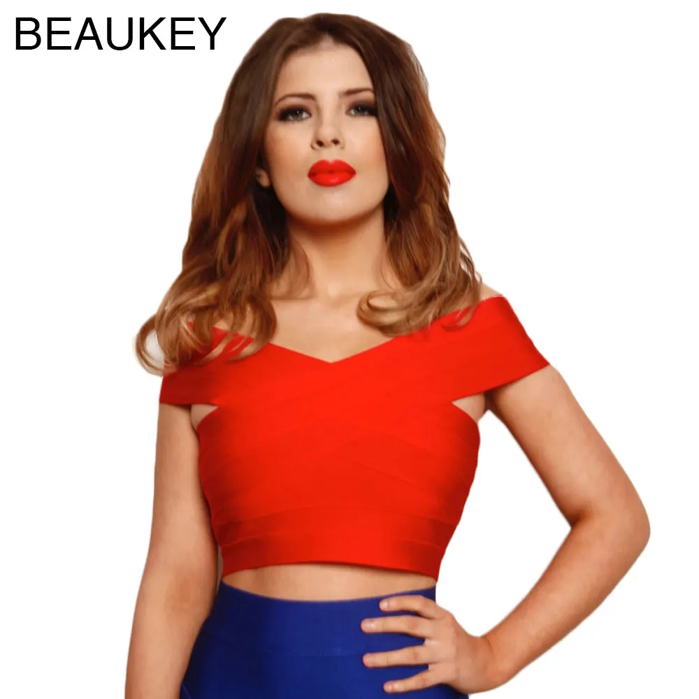 

Red Off Shoulder 2016 New Fashion Tight Short Sexy Lady Bandage Crop Top