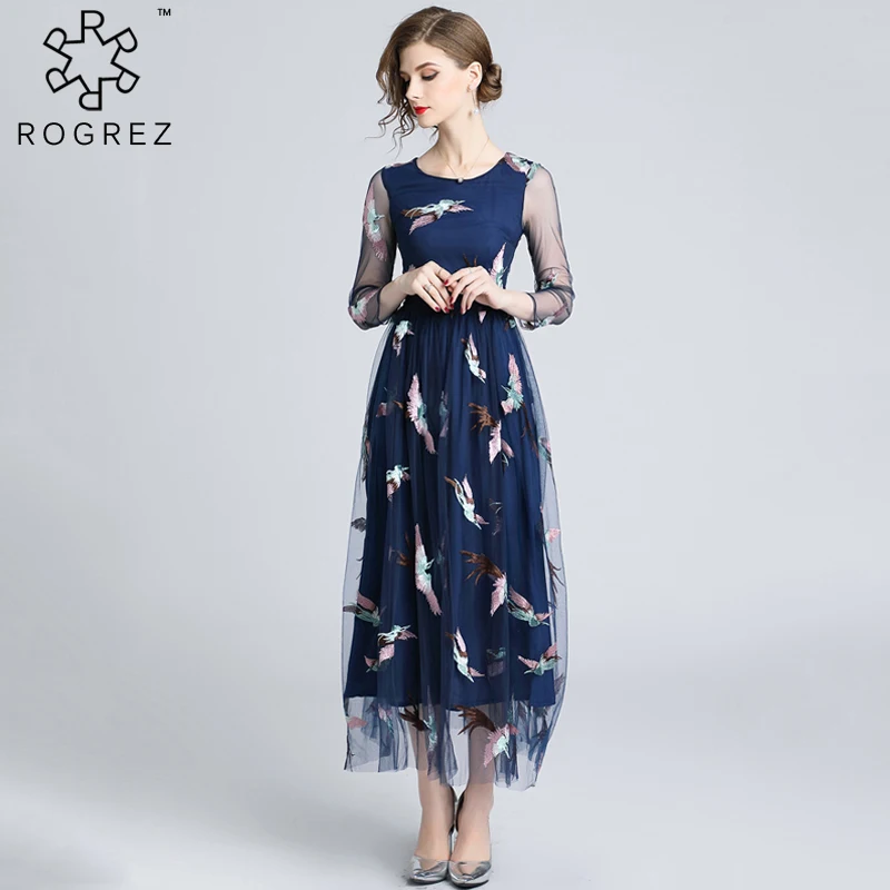 ROGREZ Blue женское элегантное платье Vestido полупрозрачное Сетчатое платье с длинным рукавом с рисунком птицы Повседневное платье с круглым вырезом длинное платье в стиле бохо