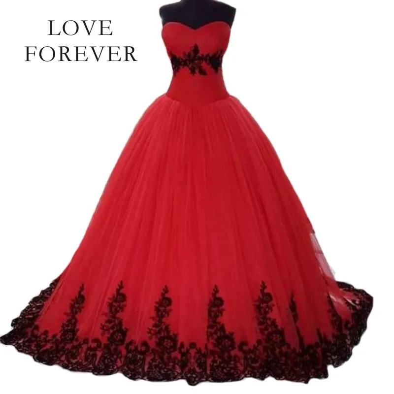 Red Ball Gown Wedding Dress 2017 vestido de noiva Black Lace Appliques Bridal Gowns Romantic Back