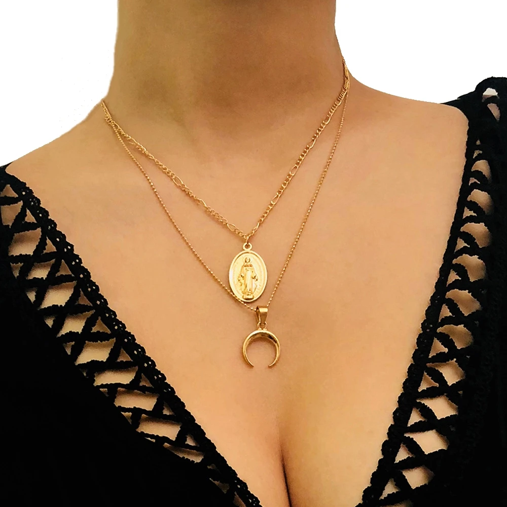 

Vienkim Trendy Gold Color Layered Necklace Chain Catholic Virgin Mary Crescent Horn Pendant Necklace For Women Men Jewelry 2019