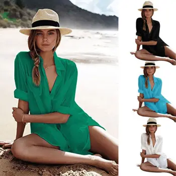 

Women New Sexy Cover-Ups Solid Color Hot Beachwear Long Sleeve Swimwear V Neck Beachwear Bathing Summer Cover Up Hot Sale
