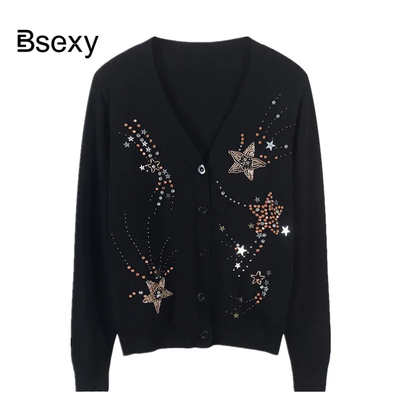 Little Black WOmen's Cardigan 2019 Spring V neck Stars Sequins Thin Slim Female Sweater Long SLeeve Knit Jumper WOmen Clothing