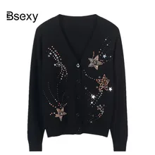 Little Black WOmen's Cardigan 2019 Spring V neck Stars Sequins Thin Slim Female Sweater Long SLeeve Knit Jumper WOmen Clothing Little Black WOmen's Cardigan 2019 Spring V neck Stars Sequins Thin Slim Female Sweater Long SLeeve Knit Jumper WOmen Clothing
