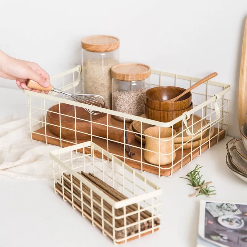 

Wrought Iron Metal Storage Basket Books Clothing Fruit And Debris Home Desktop With Handle Cosmetics Storage Basket Multi-Size