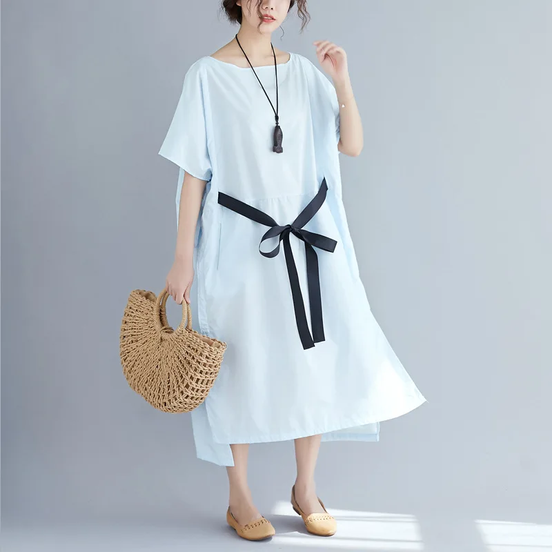 

Johnature Summer New Casual Korean Patchwork Loose Sashes Button Women Dresses 2019 Solid Color Half Sleeve Simple Dress
