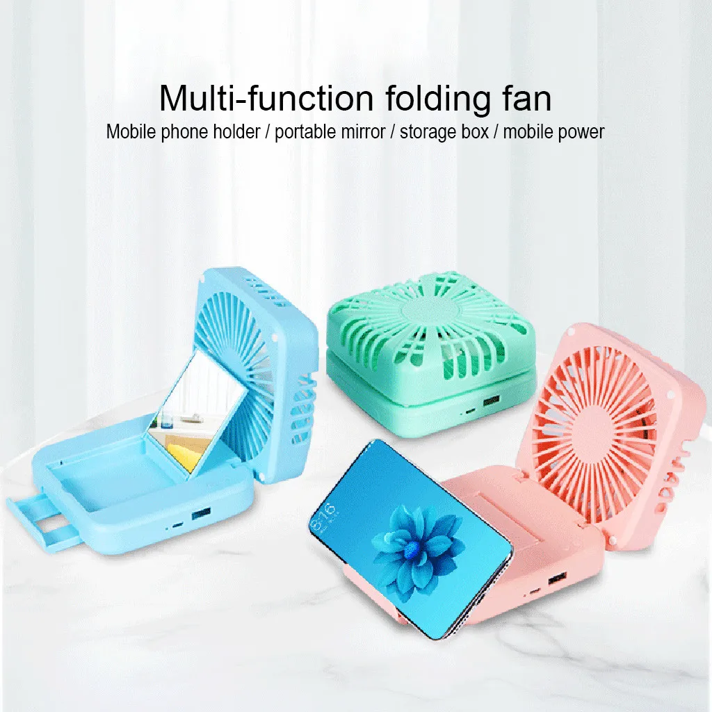 

2019 New hot Multi-Function USB Portable Folding Fan With Phone Holder Makeup Mirror Box Storage box charging treasure