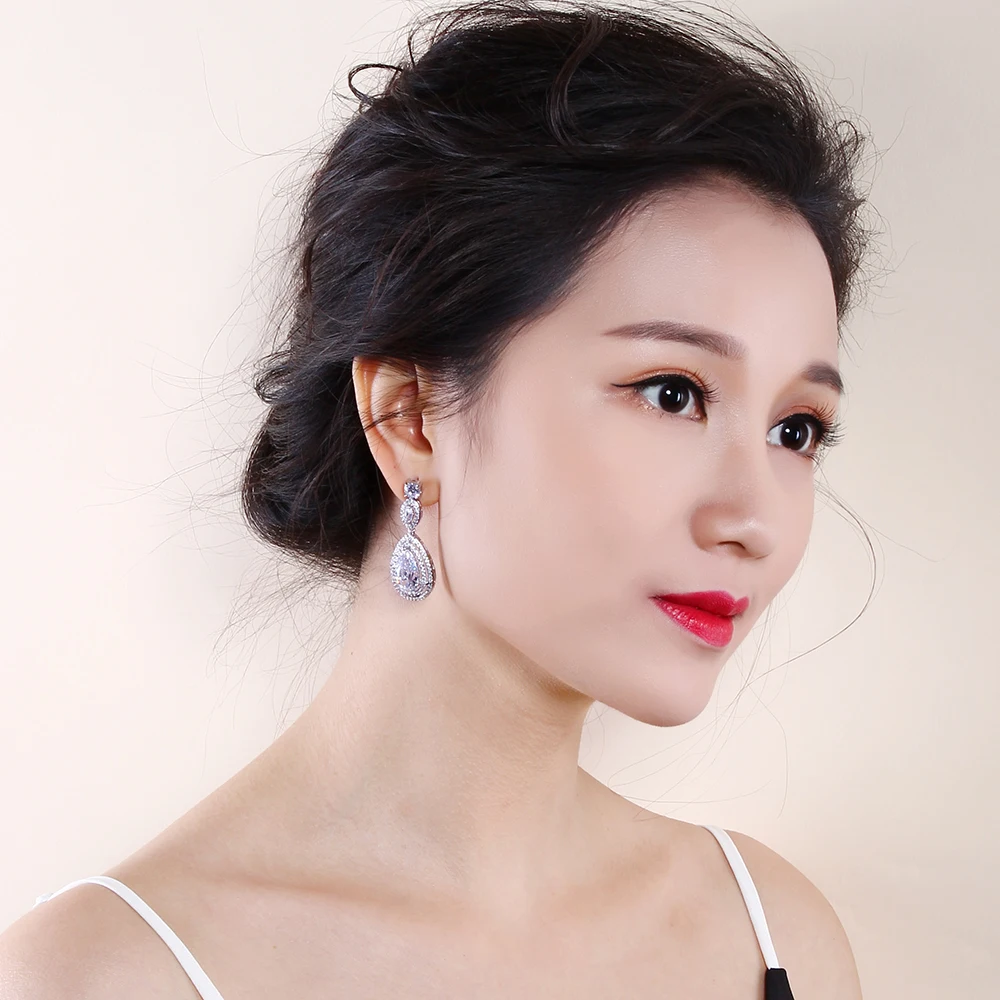 Promotion New Earrings brinco feminino kolczyki bijuterias Waterdrop 3 colors Blue Green Clear CZ stones Drop Earrings