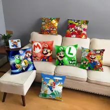 Housse de coussin Super Mario 45x45cm, taie d'oreiller de jeu classique, dessin animé coloré, décoration en peluche courte douce, taie d'oreiller pour canapé de voiture, maison