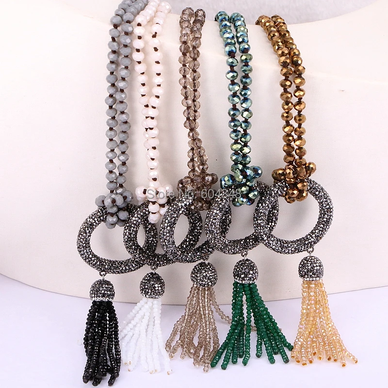 

5 Strands ZYZ180-9879 Fashion Bohemian Jewelry Knotted long Glass Crystal with Circle Pendant Long Tassel Necklace