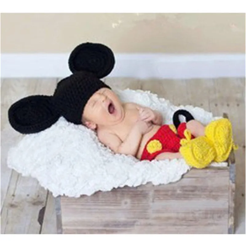 Hot Sale Mickey Hat Pants&Shoes Set Boy Knitted Costume Cartoon Design Baby Photography Props Halloween Outfits MZS-14016