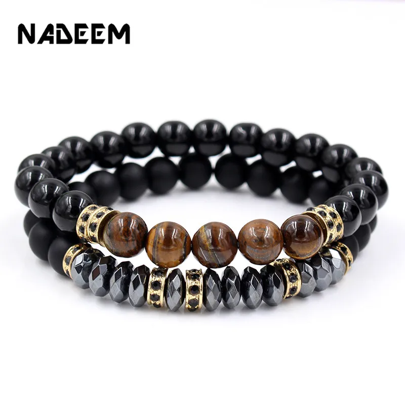 

Fashion 2Pcs/Sets Distance Bracelets Sets For Women Men CZ Round Charm Tiger Eye,Hematite Beads Bracelet & Bangles Jewelry gift