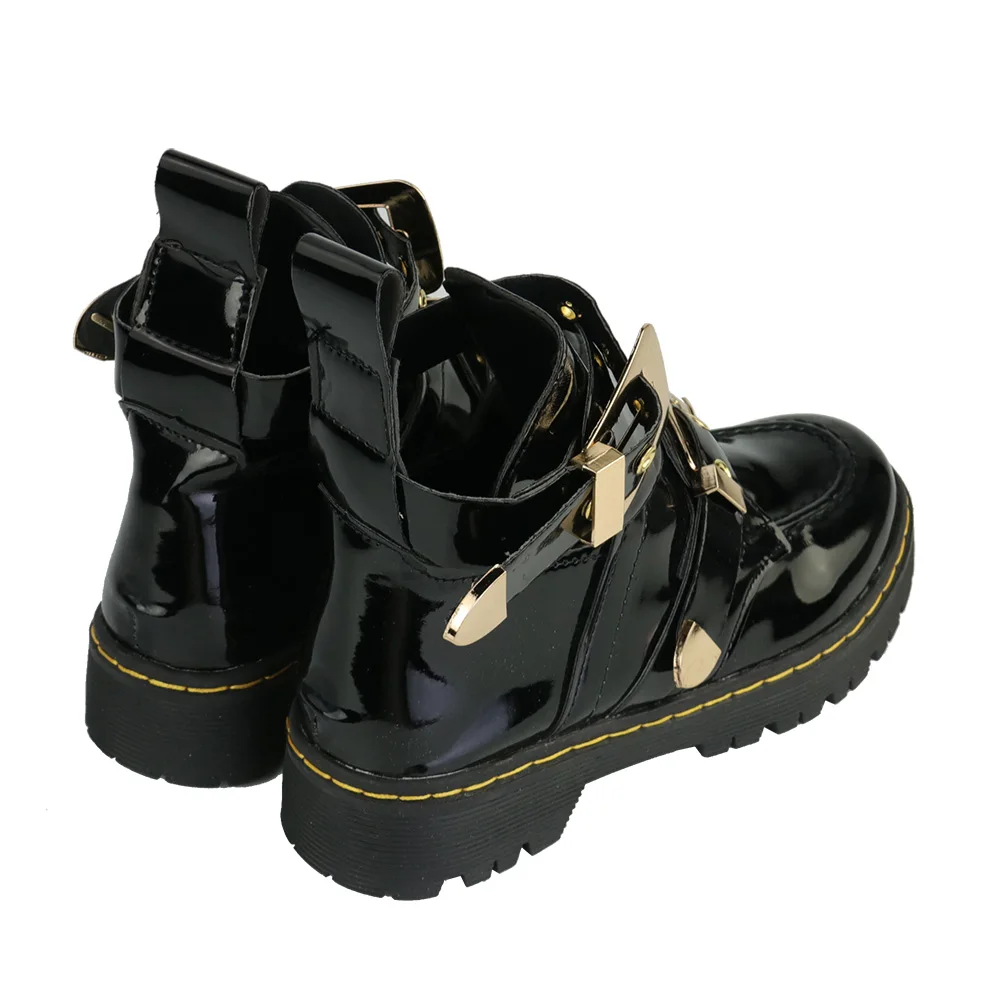 New Patent Leather Metal Buckle Boots Side Air Breathable Women's Shoes Hollow Out Fashion Pumps