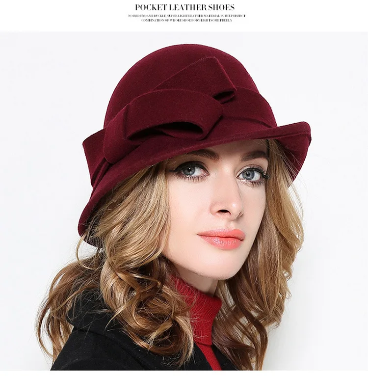 Women Party Formal Headwear Lady Winter Fashion Asymmetric Bowknot 100% Wool Felt Hats straw bucket hat