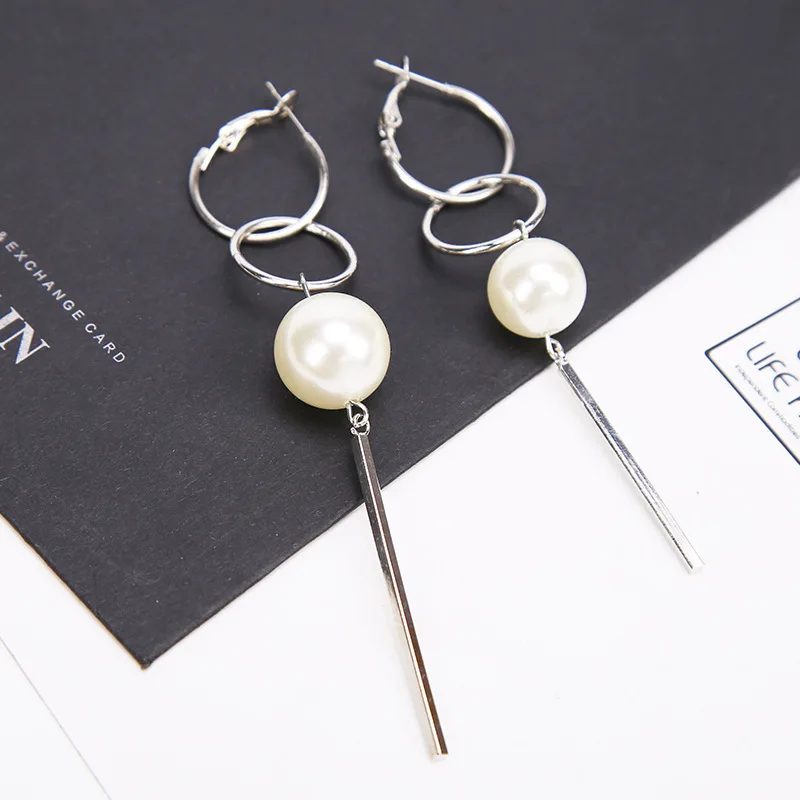 

Double Connecting Hoops Big Simulated Pearl Silver Stick Drop Earrings Dangle Earrings for Women