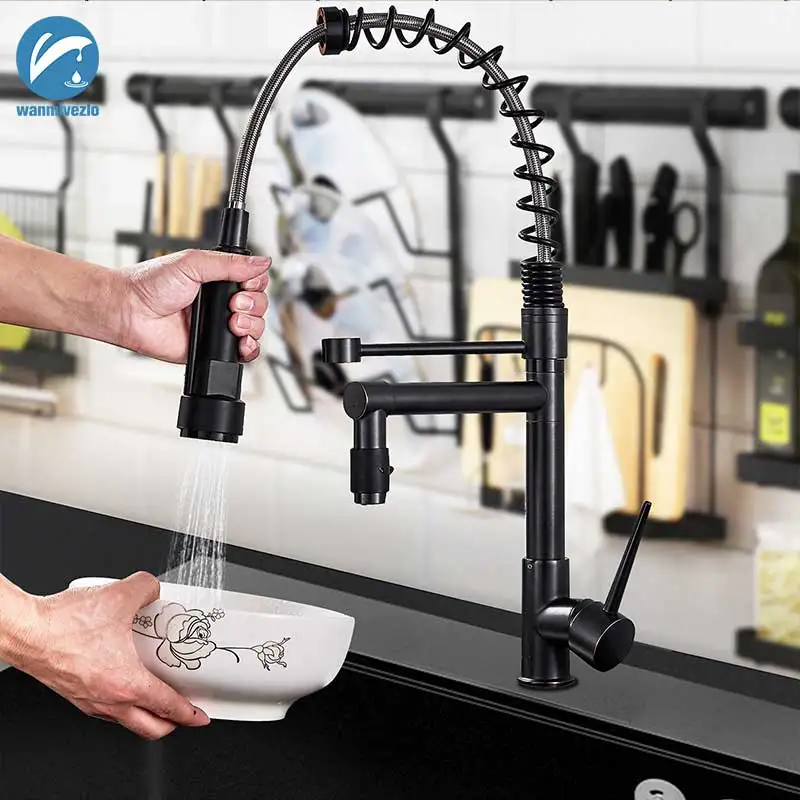 

Blacken Spring Kitchen Faucet Pull out Side Sprayer Dual Spout Single Handle Mixer Tap Sink Faucet 360 Rotation Kitchen Faucets