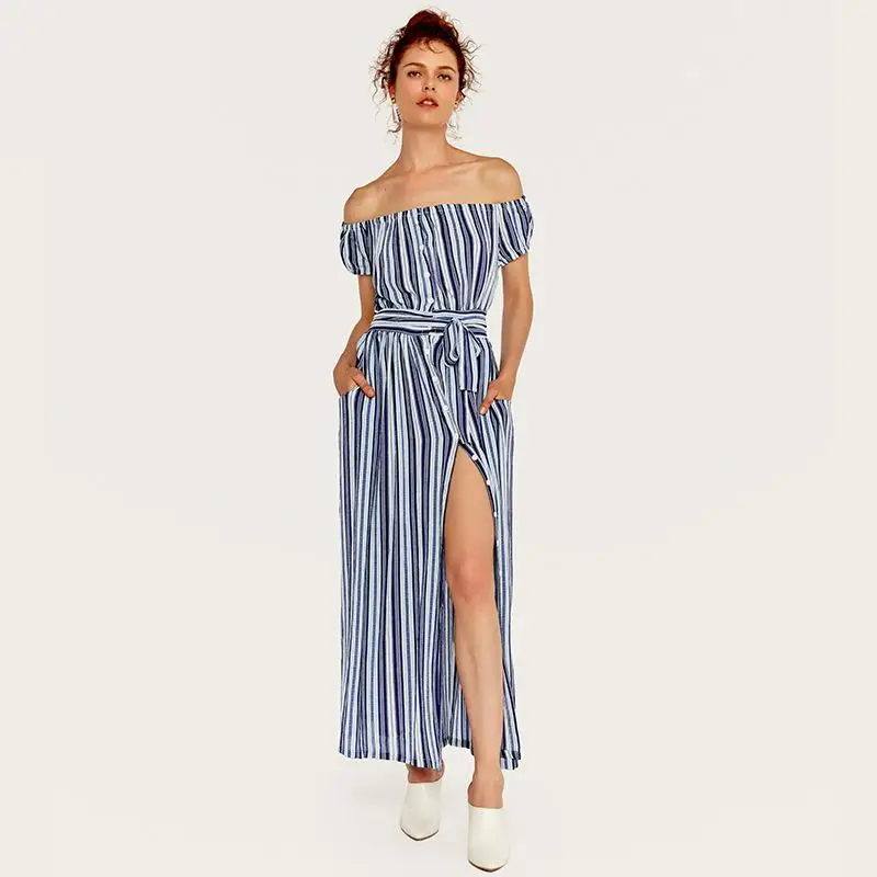 

2019 Hot Summer New Women's Bohemian Travel Holiday Dresses Striped Shoulder Short Sleeve Long Belted Dress