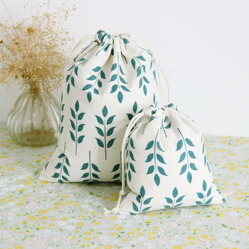 

Soft Cotton Linen Drawstring Bag Literary Wheat Ear Print Leaves Women Home Storage Small Coin Purse Travel Portable Phone Pouch