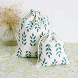 Soft Cotton Linen Drawstring Bag Literary Wheat Ear Print Leaves Women Home Storage Small Coin Purse Travel Portable Phone Pouch