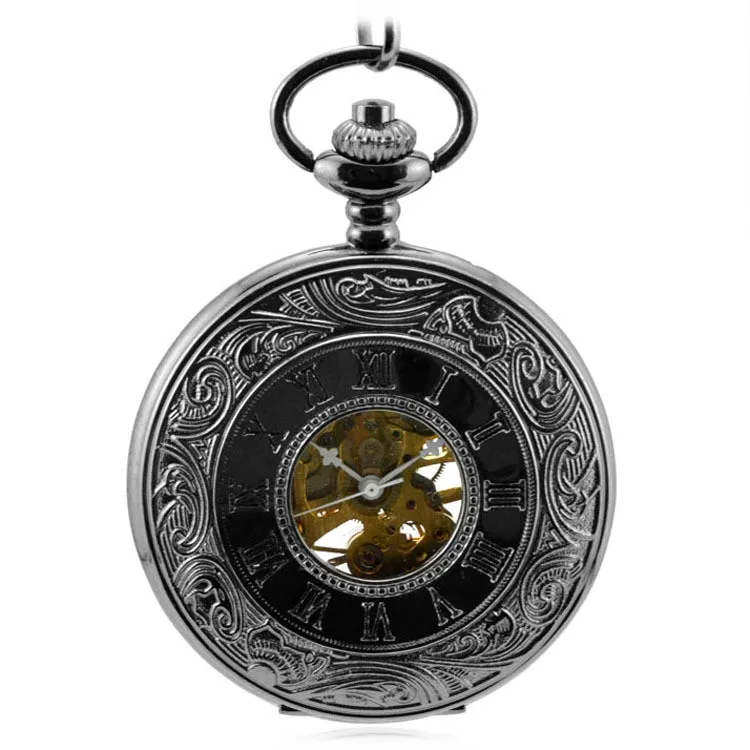 

Antique Steampunk Mechanical Hand Wind Flip Double Display Pocket & Fob Watches Black Men's Watches Women's Watch Pendant Gift