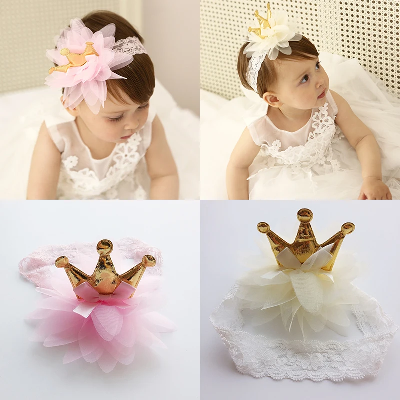 

Creative Pink And Beige Crown Flowers Hairbands Children Headbands Elastic Hair Band Kids Hair Accessories Girls Headwear