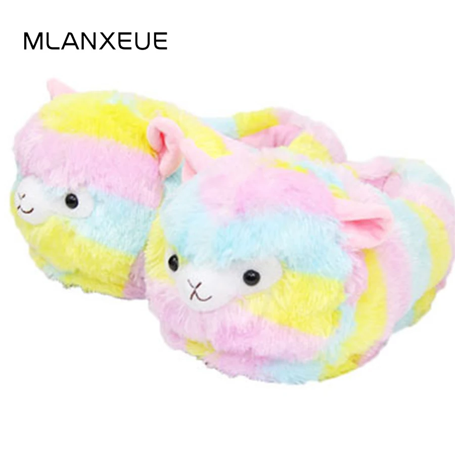 

MLANXEUE Colorful Sheep Plush Women Cotton Slippers Lovely Cartoon Mini Small Sheep Lady Slippers Shoes Women Warm Slippers