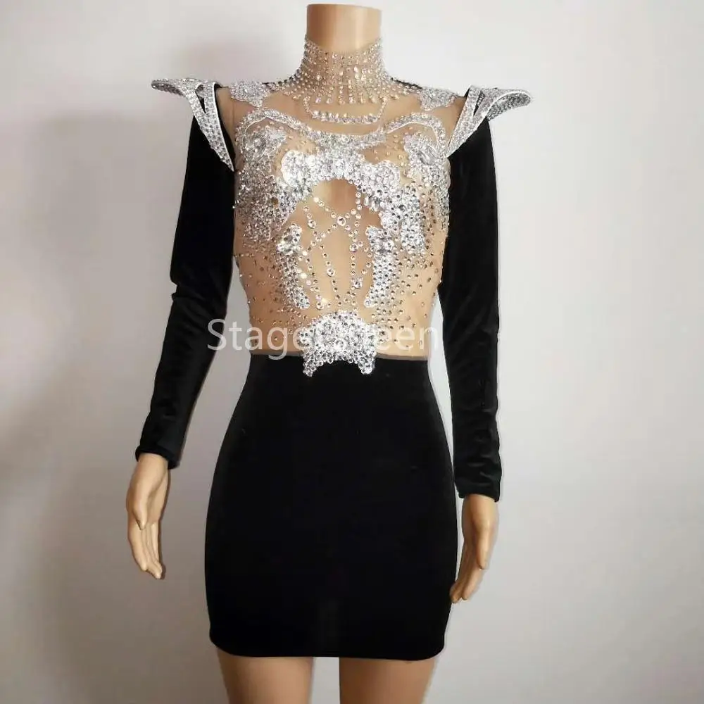 Women Sexy Stage Sparkly Silver Rhinestones Stretch Dress Female Singer Outfit Nightclub Birthday Party Show Dresses | Женская одежда