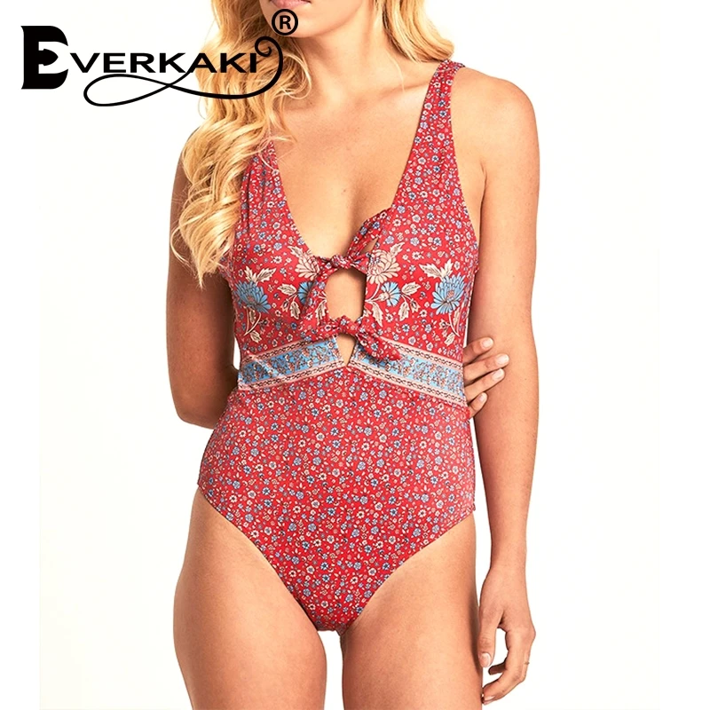 Billige Everkaki Floral print bikinis 2019 monokini Plaid badeanzug weibliche ein stück bodys High cut sexy bademode frauen badeanzug