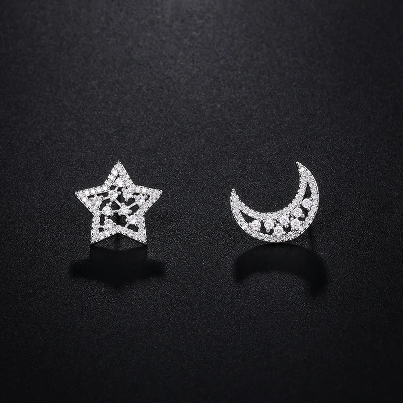 

baiduqiandu New Arrival Women Jewelry Fashion Lovely Tiny Asymmetric Moon Star CZ Stud Earrings For Lady Girls Best Gift