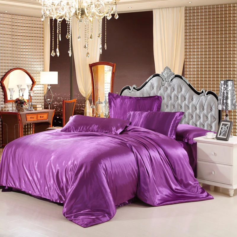 classic silk feel satin solid coffee pink purple bedding set king size duvet cover bedclothes bed sheet set55 | Дом и сад